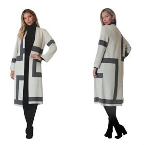 NEW $368 Vertigo Open Front Allover Print Grey & Ivory Cardigan Medium Stylish